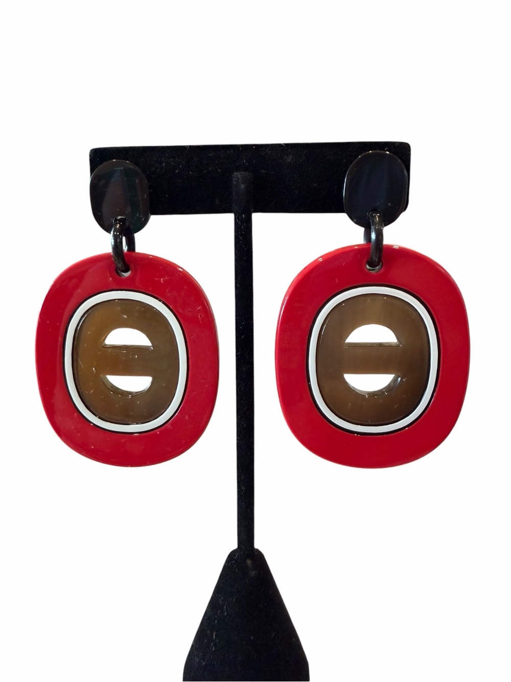 Hermes Red and Brown Resin and Horn Drop Earrings